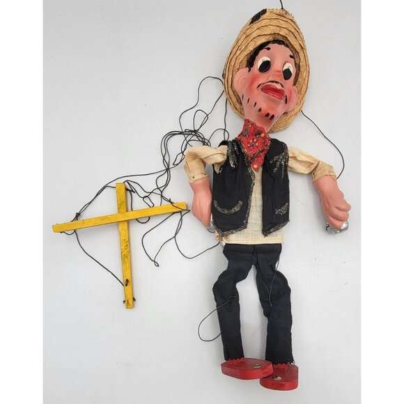 Vintage Mexican Cowboy Marionette Puppet With Sambrero - Picture 1 of 13